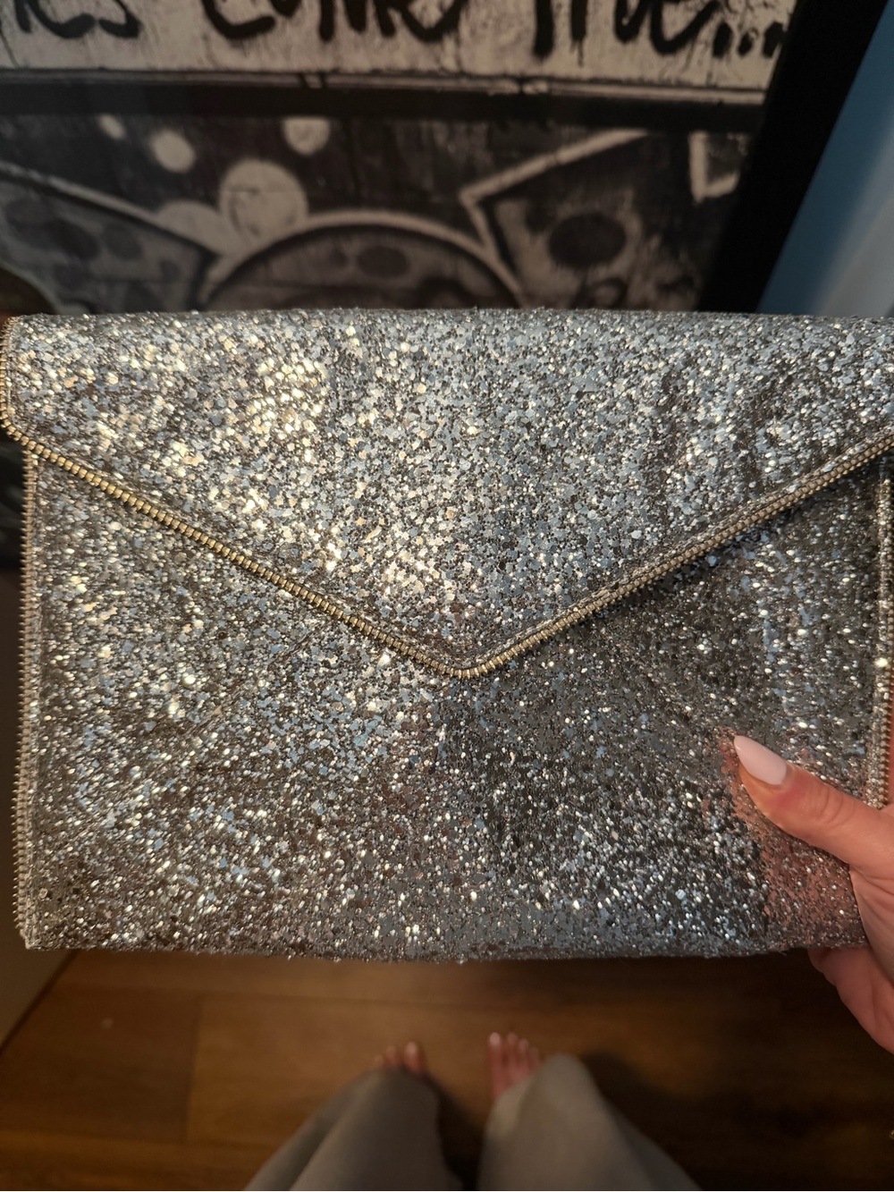 Rebecca Minkoff Silver Glitter Envelope Clutch